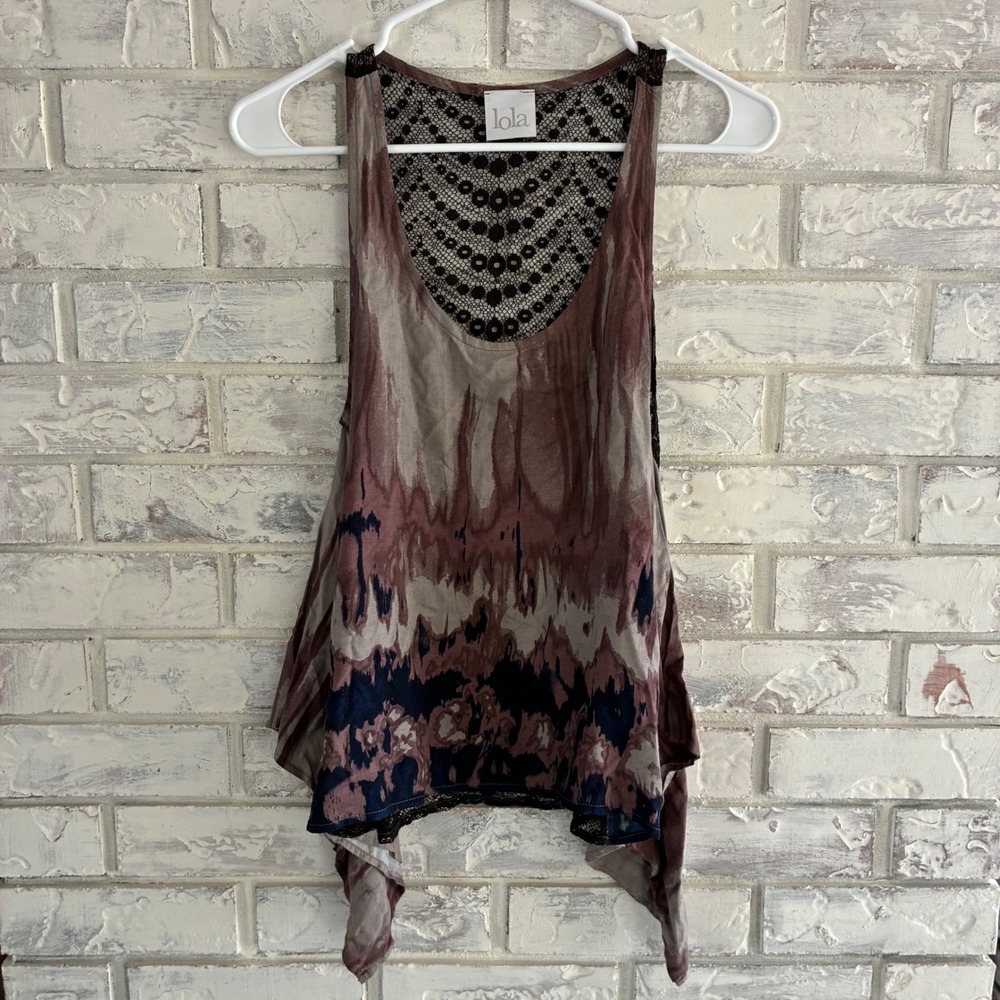 Lola San Francisco Y2K Boho Abstract Handkerchief Tank Top Black Lace Back S